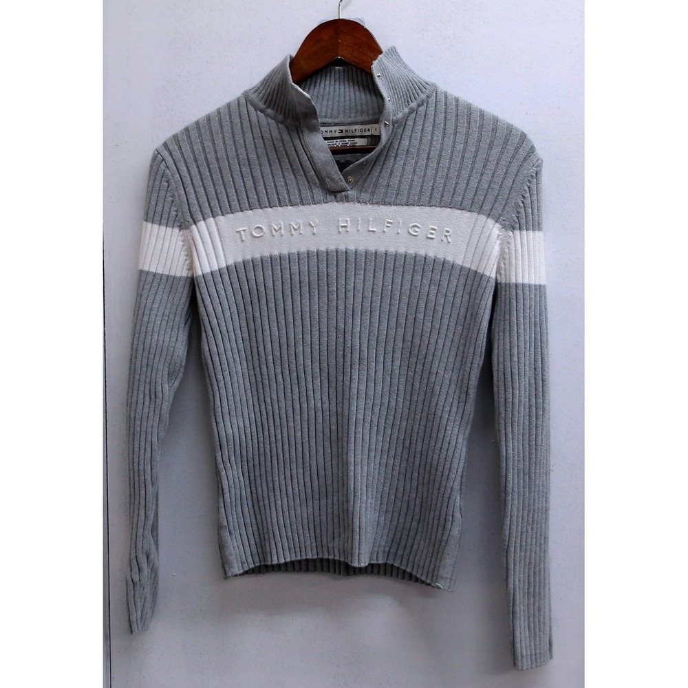 Tommy Hilfiger Gray Ribbed Mock Neck Sweater White Stripe Logo Size‎ M / #1364